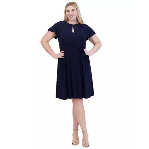 129$ Jessica Howard Keyhole Fit & Flare Mini Dress Plus Size 14W Navy Blue - Picture 1 of 4
